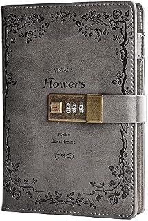 Flower Leather Journal with Lock Writing Diary Notebook Combination Password Ruled Refillable Paper 205 X 140 Mm (Grey)