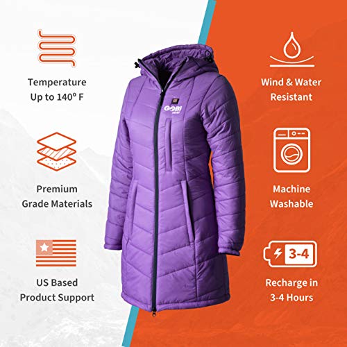 Victoria Women’s Long Puffer Heated Jacket - 9 hrs of Heat | 5 Heat Zones | with Battery & Charger | Machine Washable | All Day Warmth | XL Plum4