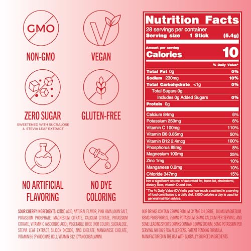 Image of TREVI Electrolytes Powder Packets Sugar Free Hydration Sour Cherry 28 Count | Essential Daily Drink Mix, 0 Sugar, Magnesium, Potassium, Vitamin C, Calcium, B6 & B12 Vitamins