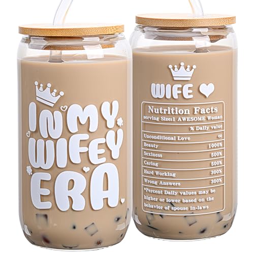 AUOIAJAS Gifts for wife Mothers Day Anniversary Wedding Birthday Mothers Day gifts Ideas from Husband Bridal Shower Bride to be Wifey Prensents for Her Coffee Glass Cup Mug Jar, 16 Oz