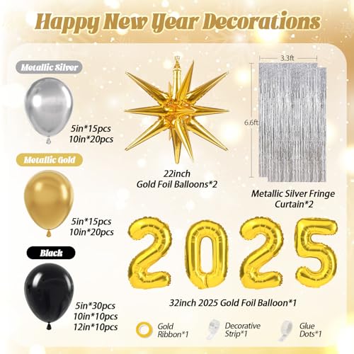 128 peças de decorações de feliz ano novo 2025 com balões pretos dourados prateados 2025 balões com