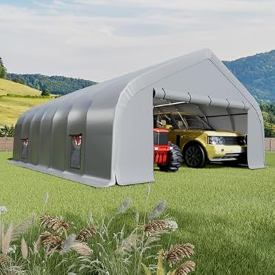 EROMMY 20x30 FT Heavy Duty Durable Carport, Silver Gray, Galvanized Steel Frame Garage Shelter and Outdoor Storage, Waterproof 3-Layer PE Cover, Fits 2 Cars, Boat, Farm Equipment