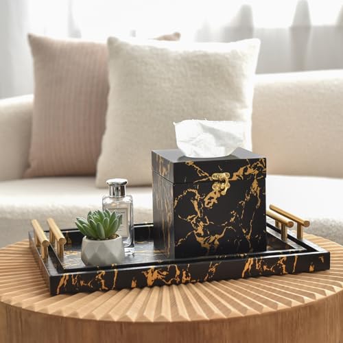 Upper Decor 24U30106 Modern Decorative Tray Set Of 2 - Black And Gold Marble Wood Serving Tray thumb #3