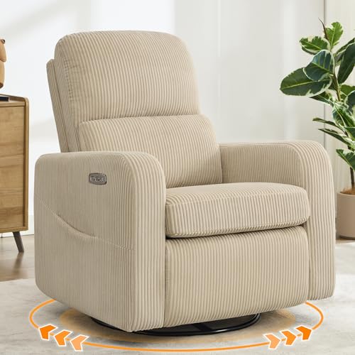 Image of Swivel Rocker Recliner, Oversized Power Recliner Nursery Glider with Removable Cushion, Upholstered Corduroy Swivel Reclining Chairs for Nursery Living Room Bedroom, Camel