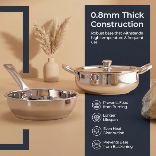 Image of Lifelong Stainless Steel Kadhai (2.5L) & Fry Pan (1.5L) with SS Lid | Induction Bottom, Riveted Handle, Durable Build, Even Heating, Scratch-Free, Dishwasher Safe| Ideal for Frying, Sauteing & Gravies