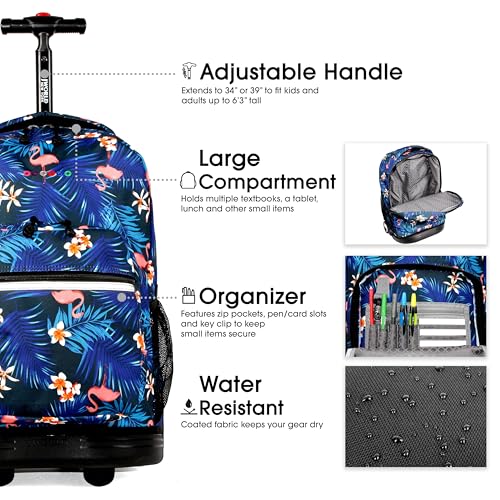 Image of J World Sunrise Kids Rolling Backpack with Wheels for Girls Boys, Roller Bookbag for School, 18 x 13 x 9 Inches, New Flamingo