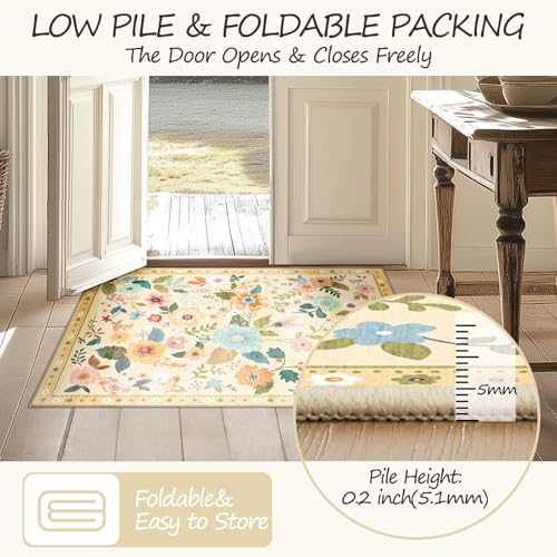 Floral 3x5 Area Rug Machine Washable Soft Print Boho Carpet Non Slip Doormat Low Pile Flower Area Rugs for Living Room Bedroom Nursery Kitchen Dining Room Indoor-Ivory/Yellow