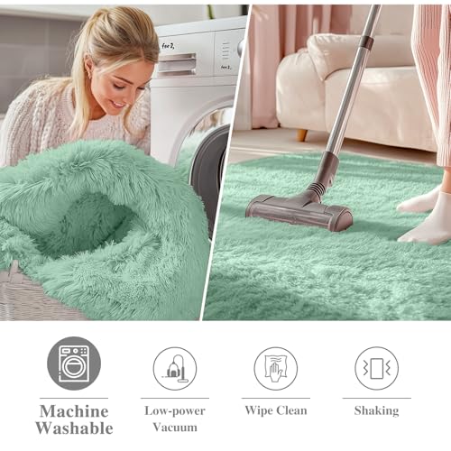 OLANLY Mint Green Round Rugs for Bedroom - Machine Washable, 3 ft Circle Area Rugs for Living Room, Soft and Fluffy Shaggy Carpet for Teen Girls and Boys, Nursery Rooms, Dorms, Home Decor Aesthetic