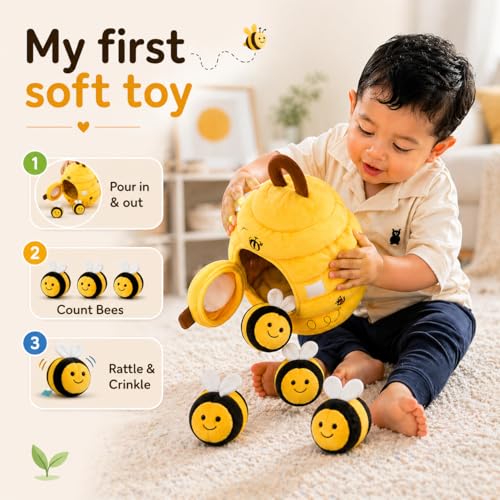 Image of TurtleBee Sensory Bee Baby Toy for 1 year Old - Montessori Soft Beehive Hide & Seek Toy with Plush Bumble Bees, Crinkle, Rattle & Mirror | Developmental Toys for Toddlers | Birthday Gift for 1,2,3 Years Old