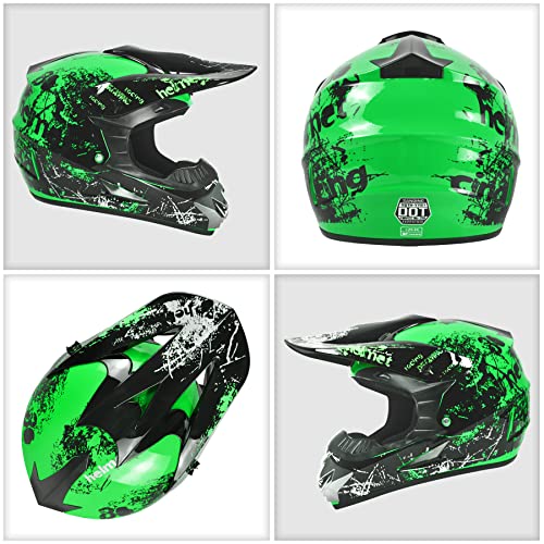 Youth Dirt Bike Helmets Fashion Motocross Helmet Kids Off-Road Moutain Motorcycle Bike Helmet Dot Approved 4Pcs Set (Green, Medium) #TOP3