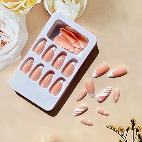 24 Pcs Snowflake Fake Nails Medium With White Nail Tips Designs, Almond Shaped Christmas Press On Nails Glossy Full Cover Glue On Nails With White Snowflakes Design For Women Girls #TOP3