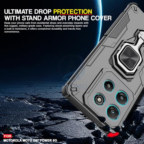 Image of AESTMO Armor Back Cover for Motorola Moto G67 Power / G57 Power 5G | Ring Holder & Kickstand & Camera Protection in-Built | 360 Degree Protection Back Case Cover (Black)
