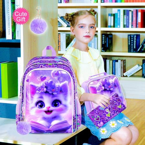 Image of CCJPX 3Pcs Cat Backpack for Girls, 16 inch Kids Bookbag with Lunch Box, Water Resistant Elementary School Bag for Kindergarten Preschool Toddler (Purple)