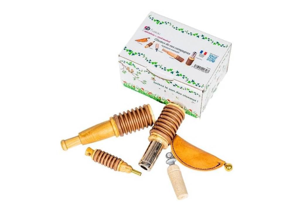 Fuzeau Coffret 5 Appeaux Manuels Bois Naturel Buis Hêtre Vernis Alimentaire Sons d’Oiseaux Poule d’Eau Grive Moineau Rossignol Canard