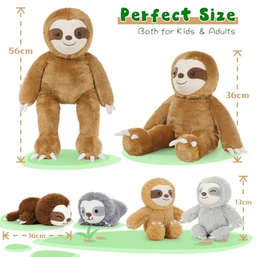 MorisMos 5 stücke Faultier Kuscheltier XXL Set, 56cm riesen Faultier Kuscheltier mit 4 Babys im Bauch, groß Plüschtier Stofftier Puppe, Slothteddy Geschenk für Babys Mädchen
