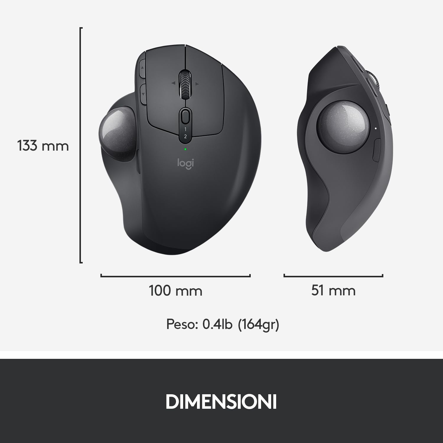 Logitech MX Ergo Mouse Trackball Wireless Ergonomico | Bluetooth o 2,4 GHz con Ricevitore USB Unifying, ‎Angolo Trackball Regolabile, Scorrimento Preciso, PC/Mac/iPadOS - Nero