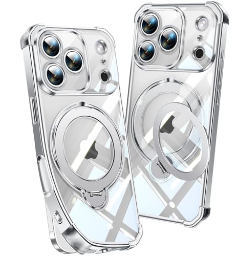 Image of Soft Case for iPhone 17 Pro with 360 Rotating Magnetic Stand, Compatible with Mag-Safe, 4X MIL-Drop Protection, Lightweight Glossy Anti-Yellowing Clear Back Phone Cover for iPhone 17 Pro, Silver