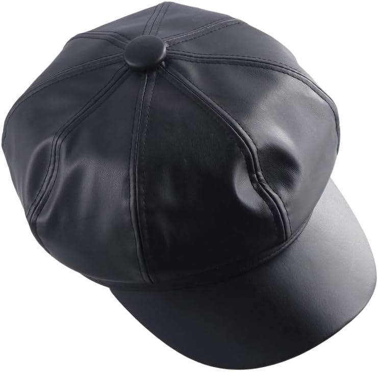 Leadigol Women PU Leather Newsboy Hat, Plain Black Cabbie Cap Artist Painter Hat Octagonal Beret Cap for Women & Girls