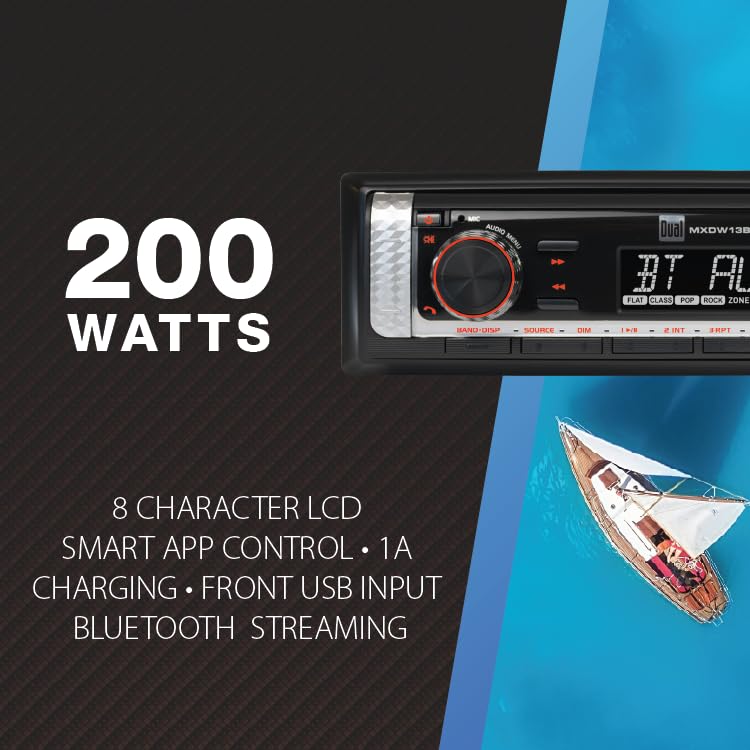 Image of Dual Electronics MXP152B Marine Stereo Bluetooth w / 6.5 inch Speakers & Antenna | Complete boat audio kit, two 6.5 inch marine speakers & antenna included, AM /FM receiver, USB with 2.1A charging, black finish