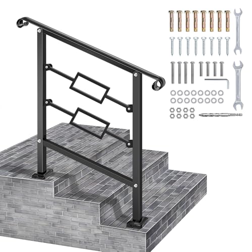 LMRSTOO Handrails for Outdoor Steps, Fit 2 or 3 Steps Outdoor Stair Railing, Black Wrought Iron Handrail for Concrete Steps or Wooden Stairs (2-3 Step Horizontal Rect)