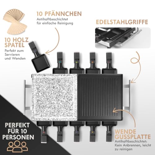 ProfiCook® Raclette 10 Personen mit heißem Naturgrillstein | antihaftbeschichtet | inkl. 10 Pfännchen...