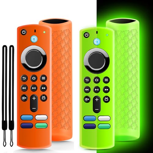 (2 Pack) Onebom Silicone Protective Remote Cover, Anti-Slip Remote Control Case with Black Lanyard(Glow Green&Not Glow Orange)