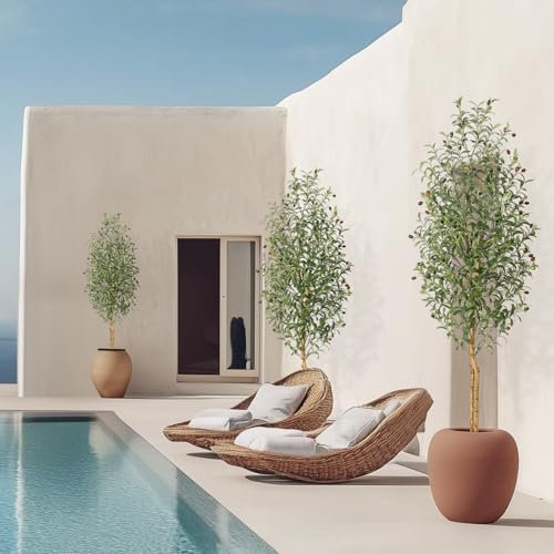 GarveeHome Faux Olive Tree 7ft,Tall Artificial Tree Indoor with 2 Natural Wood Trunks, Fake Plants Potted in White Planter, Floor Plants for Living Room House Decor,1PCS