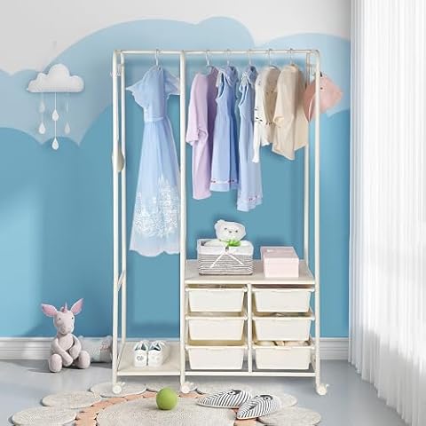 PACHIRA E-Commerce White Clothes Rack With 6 Drawers, Rolling Clothing Racks for Hanging Clothes Freestanding Clothing Garment Rack on Wheels 37" W x 14.5" D x 66" H Cover