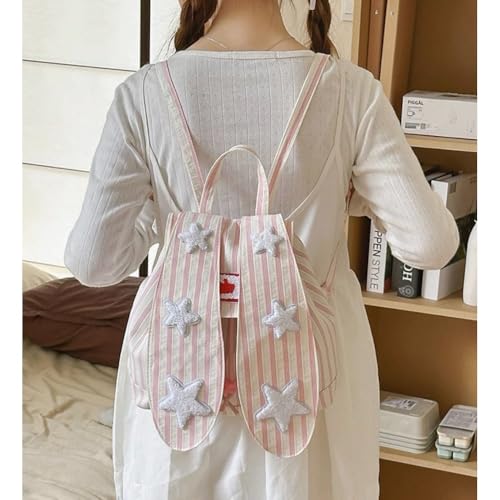 Y2K Cute Wind Rabbit Ears Backpack Female Student Backpack Striped Large Capacity Commuter Backpack (Pink,Small)4