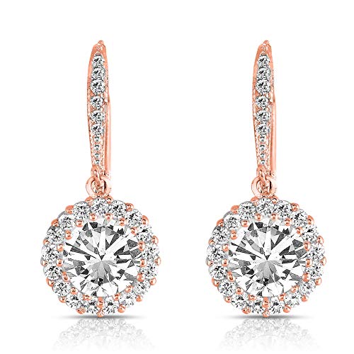Gold-Plated CZ Halo Drop Earrings – Bridal Simulated Diamond Dangle Earrings for Women – Hypoallergenic Leverback Style – Heart, Round, Square, Triangle Shapes