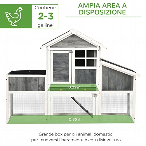 PawHut Pollaio Prefabbricato in Legno con Area Aperta, Pollaio per Galline da Esterno, Casetta per Galline e Nido per la Cova, Aiuola e Tetto in Asfalto, Grigio - immagine 4