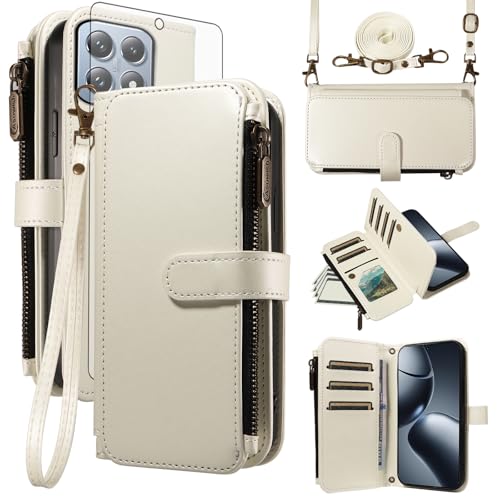 Coque Xiaomi 14T Pro Asuwish portefeuille blanc en cuir avec cordon et verre trempé