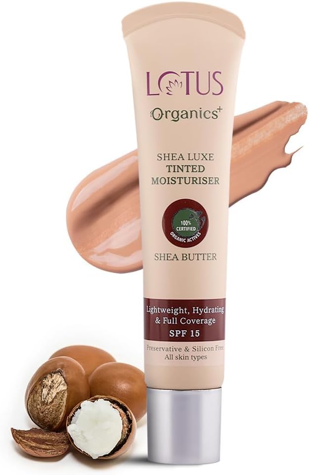 Lotus Organics+ Shea Luxe Tinted Moisturizer | 100% Certified Organic Shea Butter | Full Coverage | Provides Lasting Hydration | SPF 15 | Free From Preservatives & Artificial Fragrance | Suitable for All Skin Types (M3 - Dark, 40g)