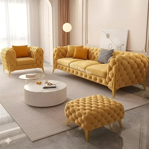 Image of A to Z Furniture Modern Classic Fabric & Valvet Tufted Chesterfield Sofa Living Room and Office (3+1= 4 Seater Sofa Set with Footrest Mustard Yellow)