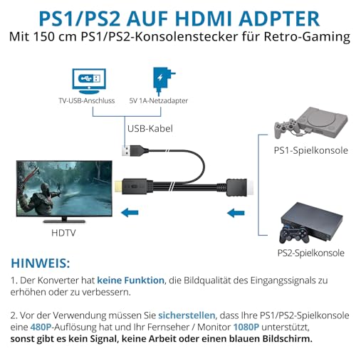 AUTOUTLET PS1/PS2 auf HDMI Adapter, Echt Plug & Play, 4:3/16:9 Umschalter – Ansicht 3