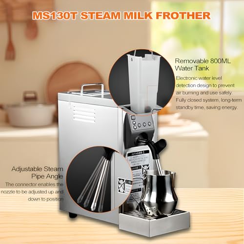 Genérico 1450W Electric Milk Frother Steamer, 800ML Tank & 500ML Jug, Auto Clean, Adjustable Nozzle, Stainless Steel Foam Maker for Cafe, Barista Coffee, Hot Chocolate, Tea Shop Use