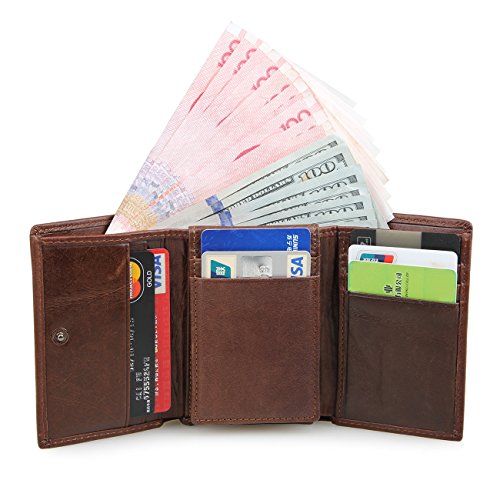 MensTrifold Wallet RFID Card Holder Leather Card Case Compact Purse Extra Capacity (Brown)2
