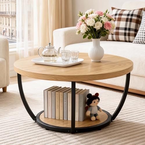 Mingone Table Basse Ronde 80 cm, Table Basse Salon Industrielle 2 Niveaux, Cadre en Métal, Table...