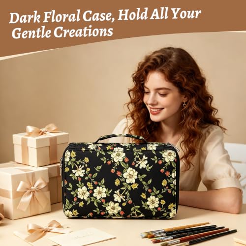 Image of YOUNGCOL Colored Pencil Case Color Pencil Organizer Storage Large Capacity Pencil Case (Black + Retro Flower, 300 Capacity)