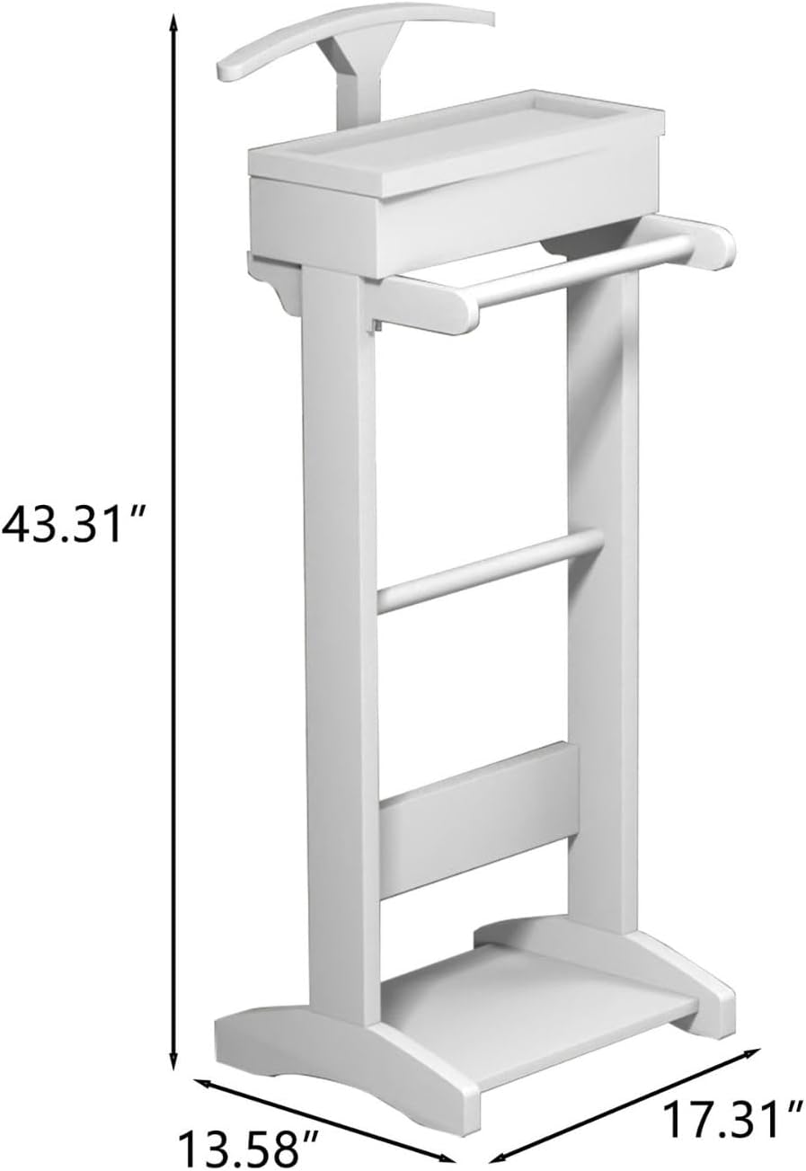 Freestanding Wooden Valet Stand for Men with Hanger, Tie & Belt Hooks, Shoe Rack, and Storage Organizer for Keys, Watches, Wallets, and Jewelry in Bedroom or Entrance