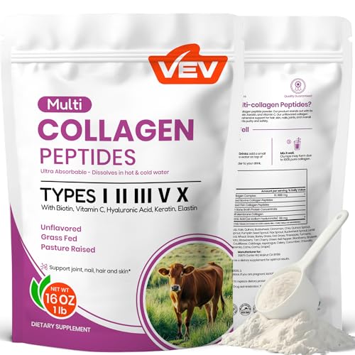 VEV Multi Collagen Peptides Powder, 16 oz (41 Servings) – Type I, II, III, V, X, Hydrolyzed Collagen, Hyaluronic Acid Power, Biotin, Vitamin C, Supports Skin, Unflavored, Dissolves Easily