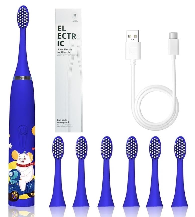 Bioline Kids Children Electric Automatic Toothbrush Kit With 6Brushes,4Modes Of Cleaning Bear Blue Cartoon Animals Tooth Cleaner Set OralCare Electric Toothbrush DentalTools For Age 3-15Years,1Piece-image-3
