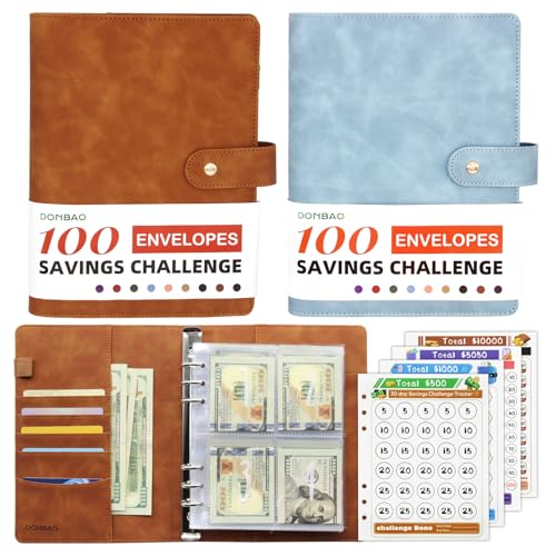 DONBAO 100 Envelopes Money Saving Challenge Binder, A5 Budget Binder with Envelopes and Challenge Tracker, Savings Challenges Planner Book to Save $500, $1000, $5050, $10000 (Brown and Blue)