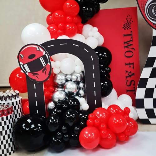 Image of Red Black and White Balloon Arch Kit, 201Pcs Explosion Star Red Black White Silver Latex Balloon Garland kit, Different Size Balloons for Anniversary Birthday Racing Car Poker Party Decoration