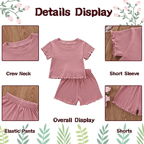 Image of Toddler Girl Clothes Summer Outfit Short Sleeve Shorts Set 12M-5T | Soft ribbed knit toddler girl outfit with breathable fabric, ruffle top, comfy shorts and stretchy fit for summer daily wear.