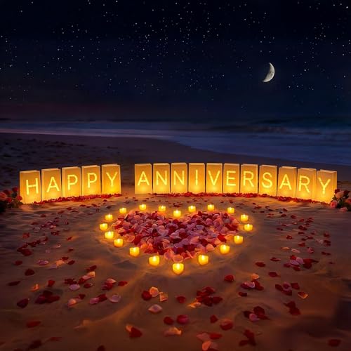 Image of Happy Anniversary Decoration, Light Up Letters Luminaries Signs with Flameless Candles and Fake Rose Petals, Anniversary Romantic Party Decor