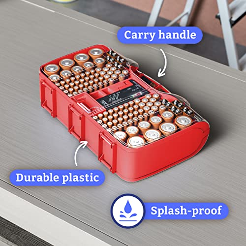 Image of Battery Organizer Storage Case with Tester, Holds 180 Batteries, Clear Hinged Cover, Locking Lid - For AA, AAA, C, D and More, Red