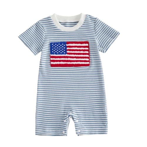 GGBNOMER Newborn Baby Boy 4th of July Clothes Flag Embroidery Jumpsuit Waffle Short Sleeve Romper Onesie 3 6 12 18 Months (Cute Blue 3-6 Months)