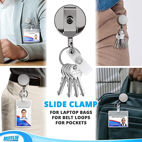 Mifflin Heavy Duty Retractable Id Badge Reels (Black, 2 Pack) W/Belt Clip, Key Ring & Plastic Snap Strap Keychain For Name Card Holders #TOP4