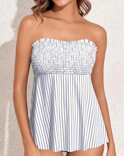 Image of Womens Tankini Swim Tops Bandeau Bathing Suit Top No Bottom | Removable Straps and Pads, Tummy Control Flowy Design